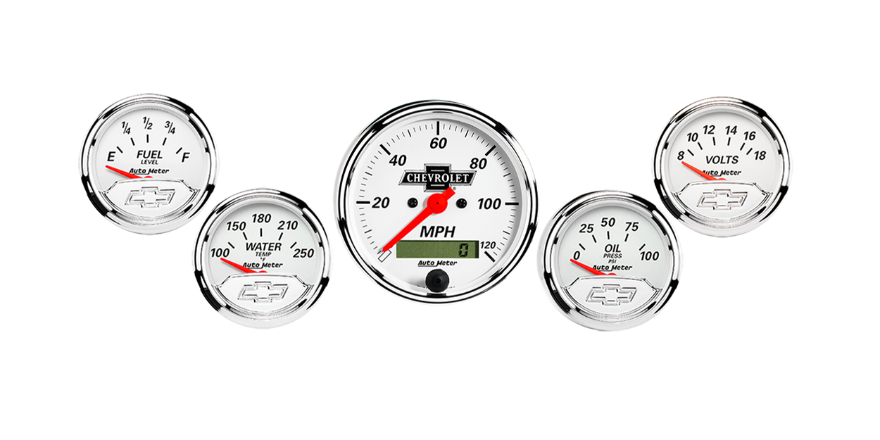 1302_00408 Auto Meter Chevy Vintage 5 Gauge Kit w/ Electric Speedometer (3 1/8" & 2 1/16")