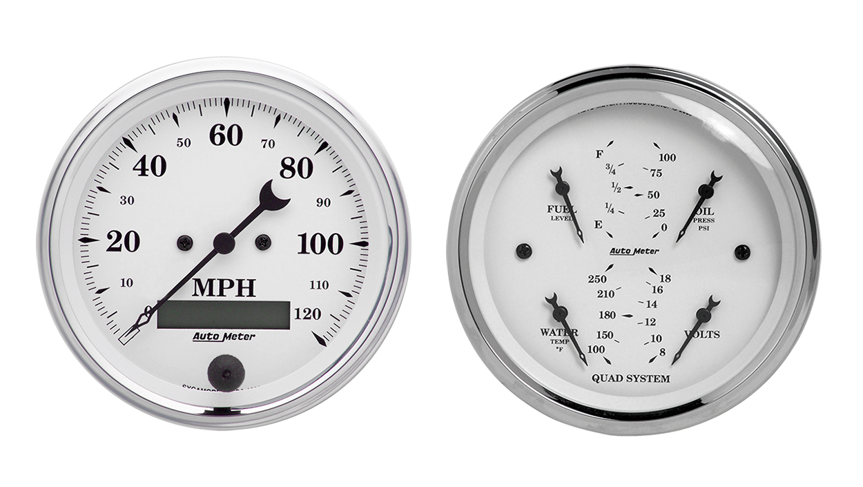 1600 Auto Meter Old Tyme White 2 Gauge Kit (3 3/8" Speedometer & Quad)
