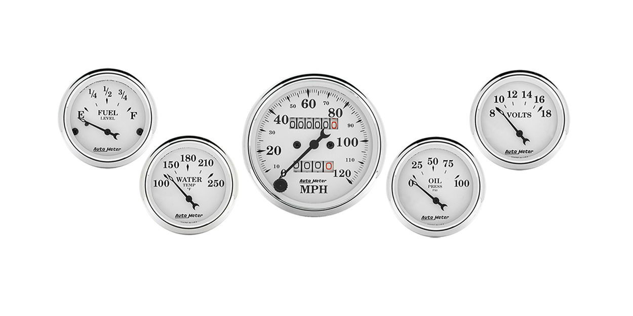 1601 Auto Meter Old Tyme White 5 Gauge Kit w/ Mechanical Speedometer (3 1/8" & 2 1/16")