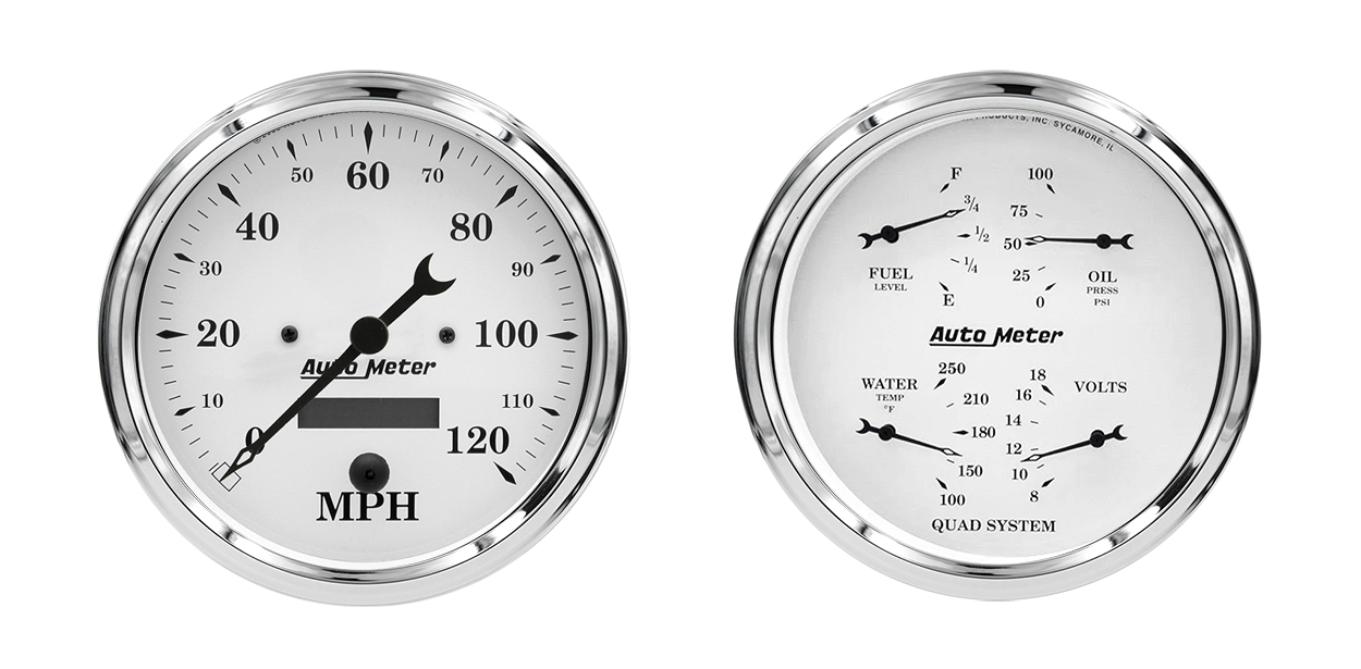 1603 Auto Meter Old Tyme White 2 Gauge Kit (5? Speedometer & Quad)