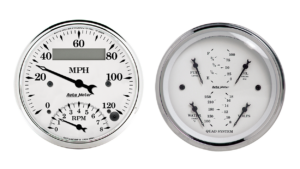 1620 Auto Meter Old Tyme White 2 Gauge Kit (3 3/8" Speedometer/Tachometer & Quad)