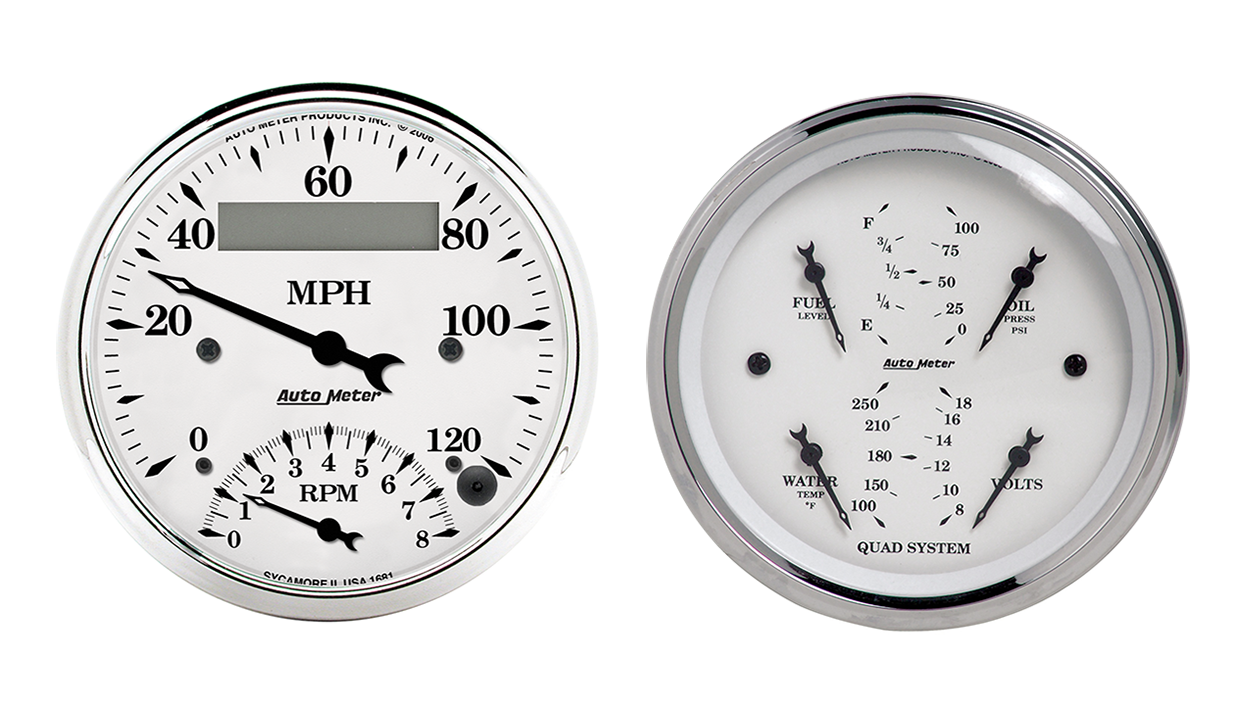 1620 Auto Meter Old Tyme White 2 Gauge Kit (3 3/8" Speedometer/Tachometer & Quad)