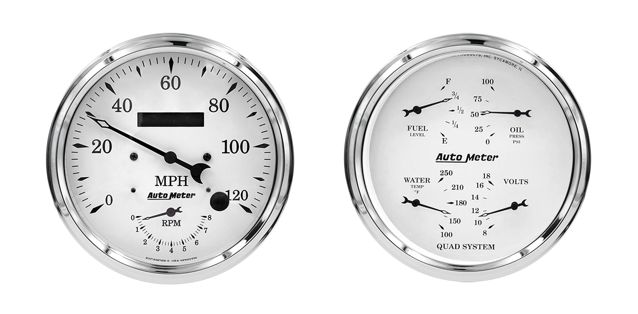 1652 AutoMeter Old Tyme White 2 Gauge Kit (5? Speedometer/Tach & Quad)