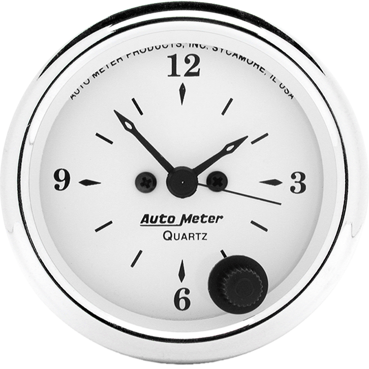 1686 Auto Meter Old Tyme White 2 1/16" Quartz Clock 12 volt or 16 volt