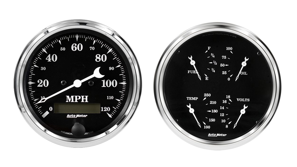 1700 Auto Meter Old Tyme Black 2 Gauge Kit (3 3/8" Speedometer & Quad)
