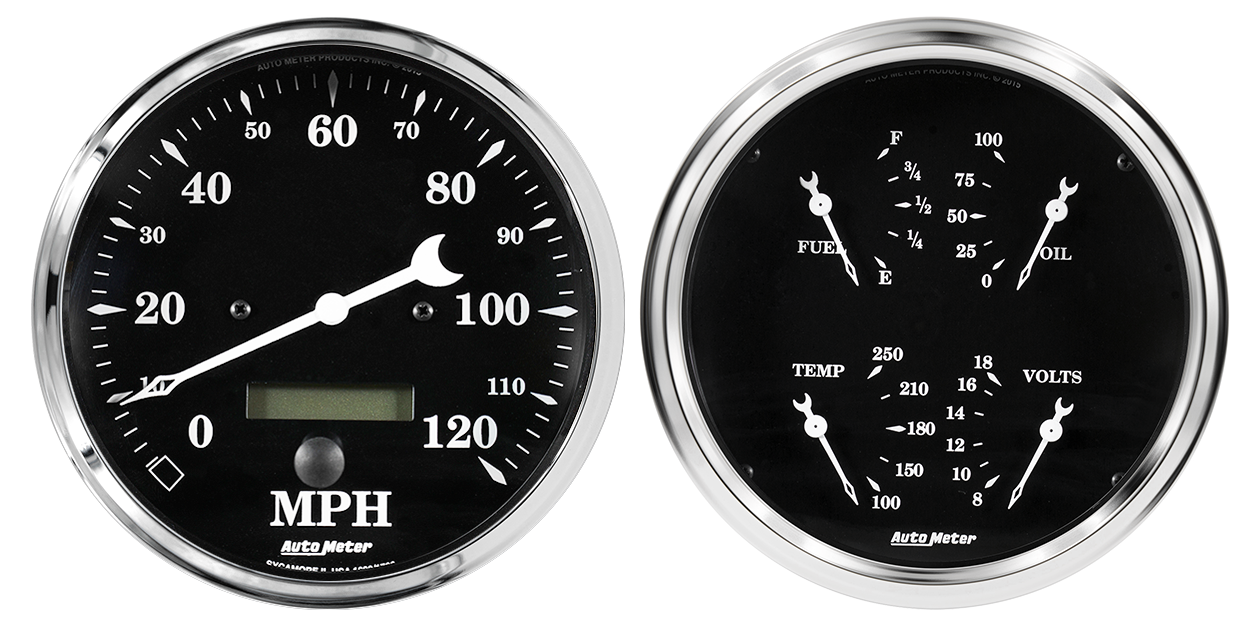 1703 AutoMeter Old Tyme Black 2 Gauge Kit (5? Speedometer & Quad)