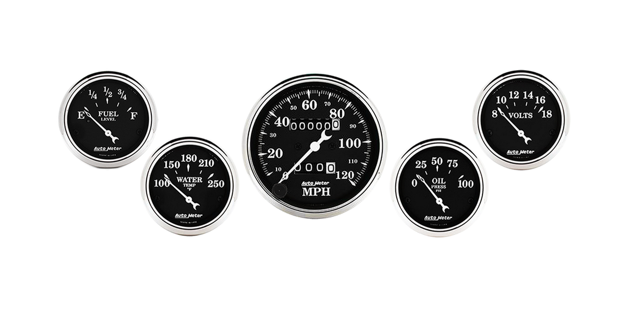 1708 Auto Meter Old Tyme Black 5 Gauge Kit w/ Mechanical Speedometer (3 1/8" & 2 1/16")