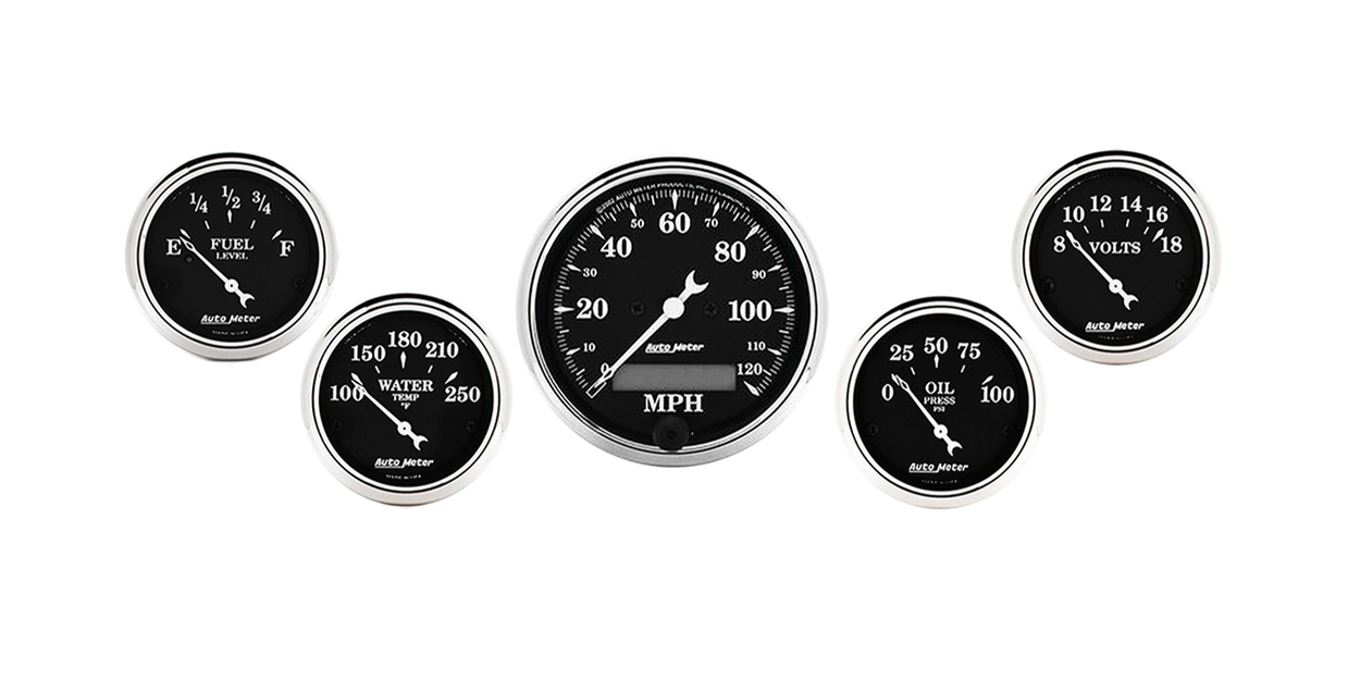 1709 Auto Meter Old Tyme Black 5 Gauge Kit w/ Electric Speedometer (3 1/8" & 2 1/16")