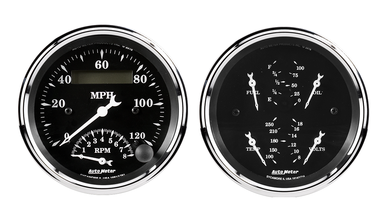 1720 Auto Meter Old Tyme Black 2 Gauge Kit (3 3/8" Speedometer/Tachometer & Quad)