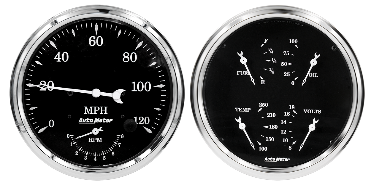 1752 AutoMeter Old Tyme Black 2 Gauge Kit (5? Speedometer/Tach & Quad)