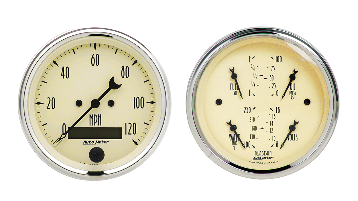 1800 Auto Meter Antique Beige 2 Gauge Kit (3 3/8" Speedometer & Quad)