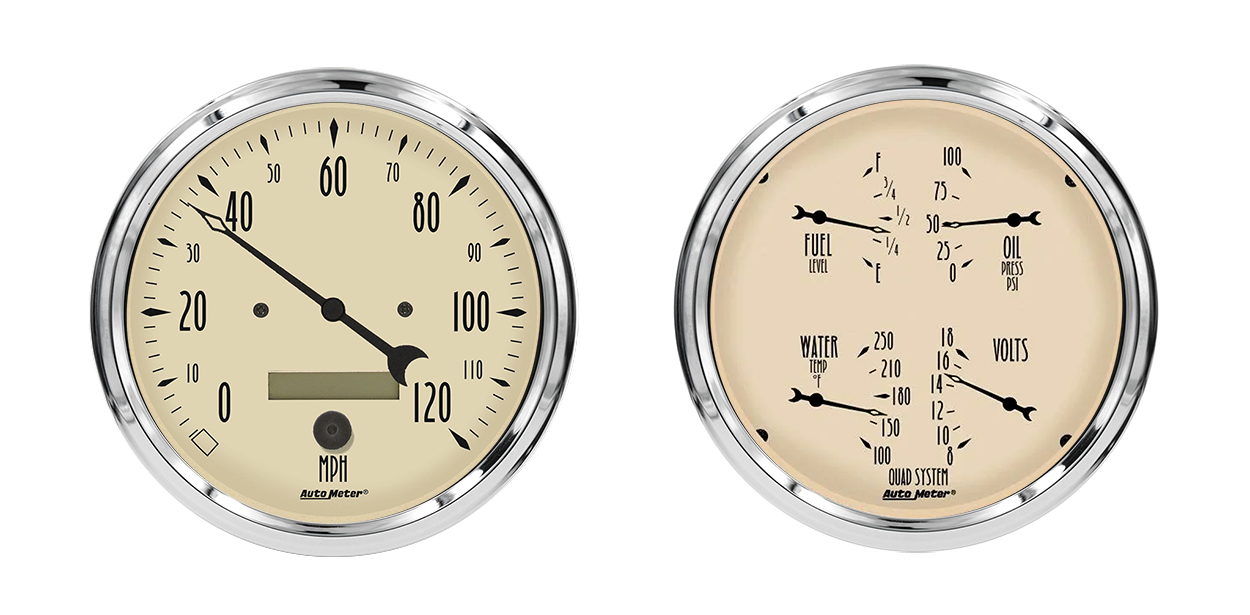 1803 Auto Meter Antique Beige 2 Gauge Kit (5" Speedometer & Quad)