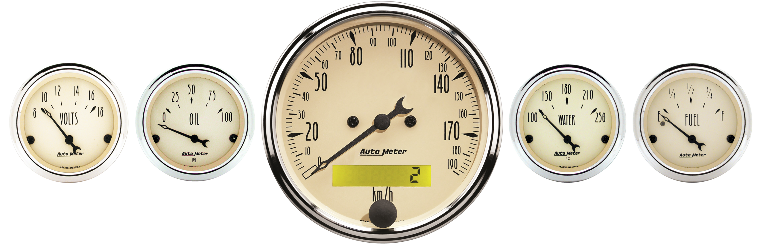 1809-M AutoMeter Antique Beige 5 Gauge Kit w/ 190 KPH Electric Speedometer (3 1/8" & 2 1/16")