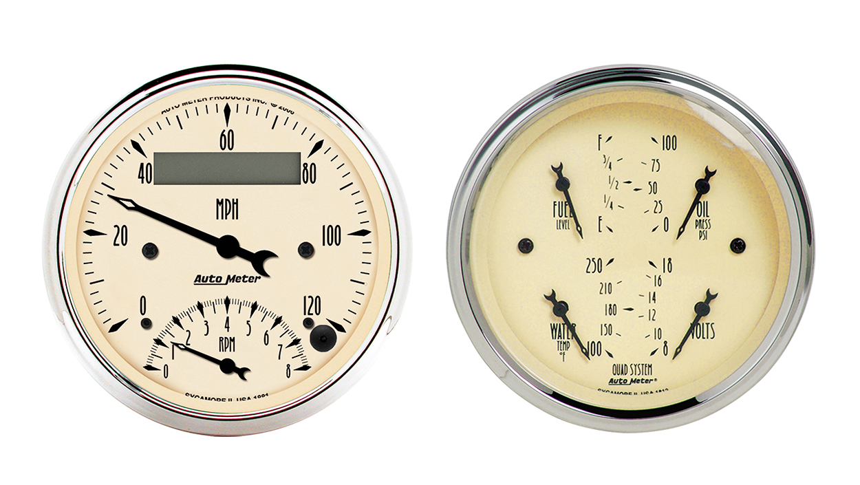 1820 Auto Meter Antique Beige 2 Gauge Kit (3 3/8" Speedometer/Tachometer & Quad)