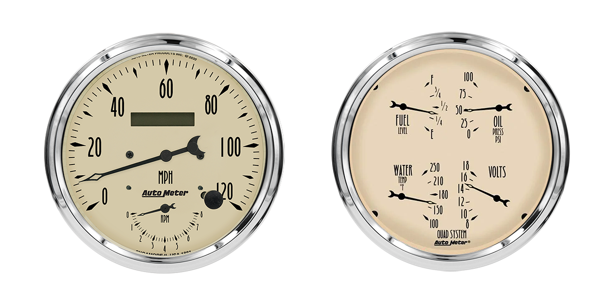 1852 Auto Meter Antique Beige 2 Gauge Kit (5" Speedometer/Tachometer & Quad)