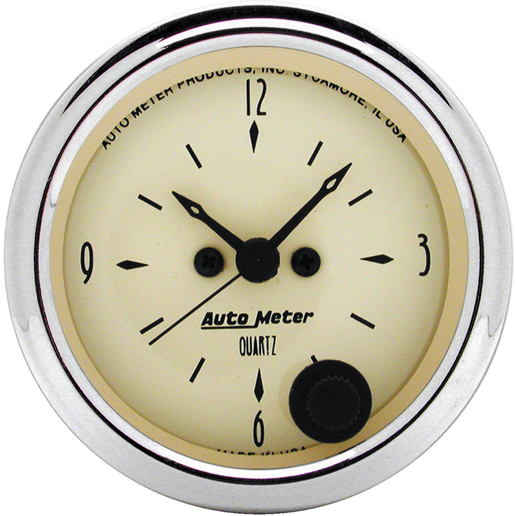 1885 Auto Meter Antique Beige 2 1/16" Quartz Clock 12 volt or 16 volt