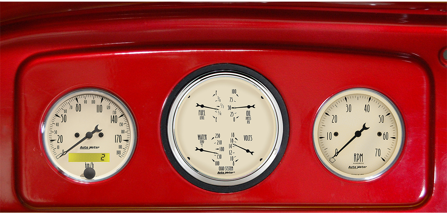1935-1936 Chevy Master or 1935-1939 Chevy Truck Gauge Adapters w/ Auto Meter Antique Beige Gauges