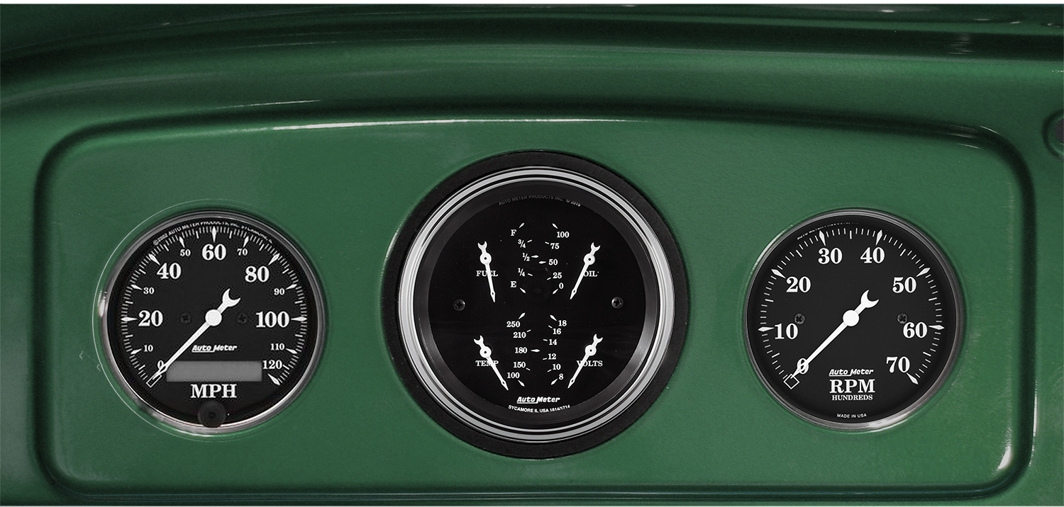 1935-1936 Chevy Master or 1935-1939 Chevy Truck Gauge Adapters w/ Auto Meter Old Tyme Black Gauges