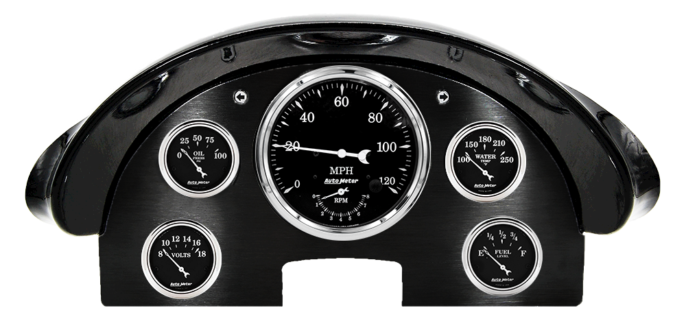 1956 Ford Fairlane Aluminum Gauge Panel w/ AutoMeter Old Tyme Black Gauges (Speedo/Tach)