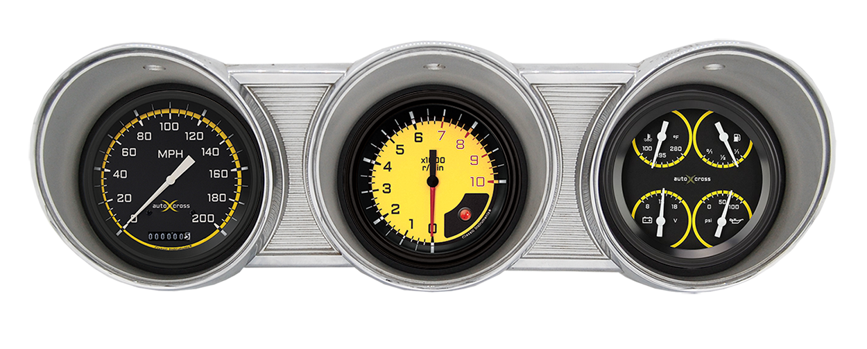 1962-1963 Ford Fairlane Aluminum Gauge Panel Adapter w/ Classic Instruments AutoCross Yellow