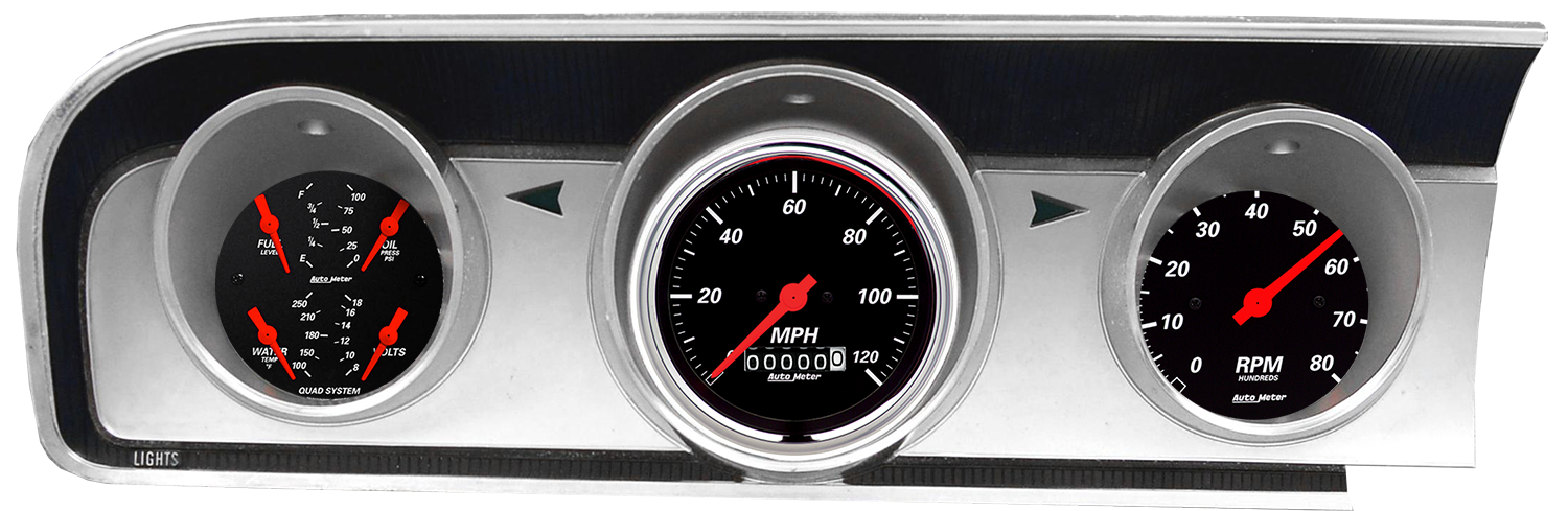 1964 Ford Fairlane Aluminum Gauge Panel Adapters w/ AutoMeter Designer Black Gauges