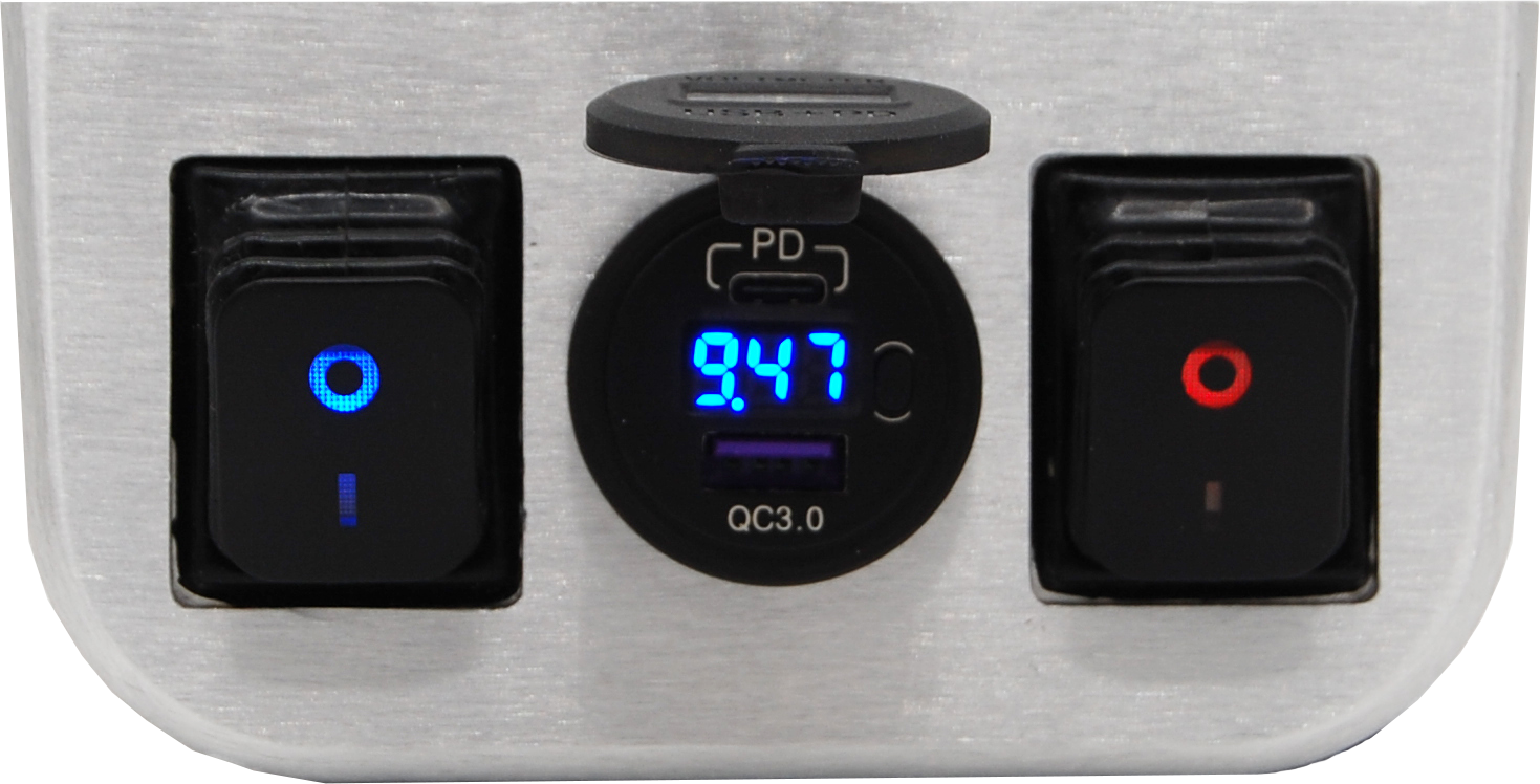 Aluminum Under Dash Panel w/ Two Lighted 4 Pin 30A ON/OFF Rocker Switches and USB Charging Station