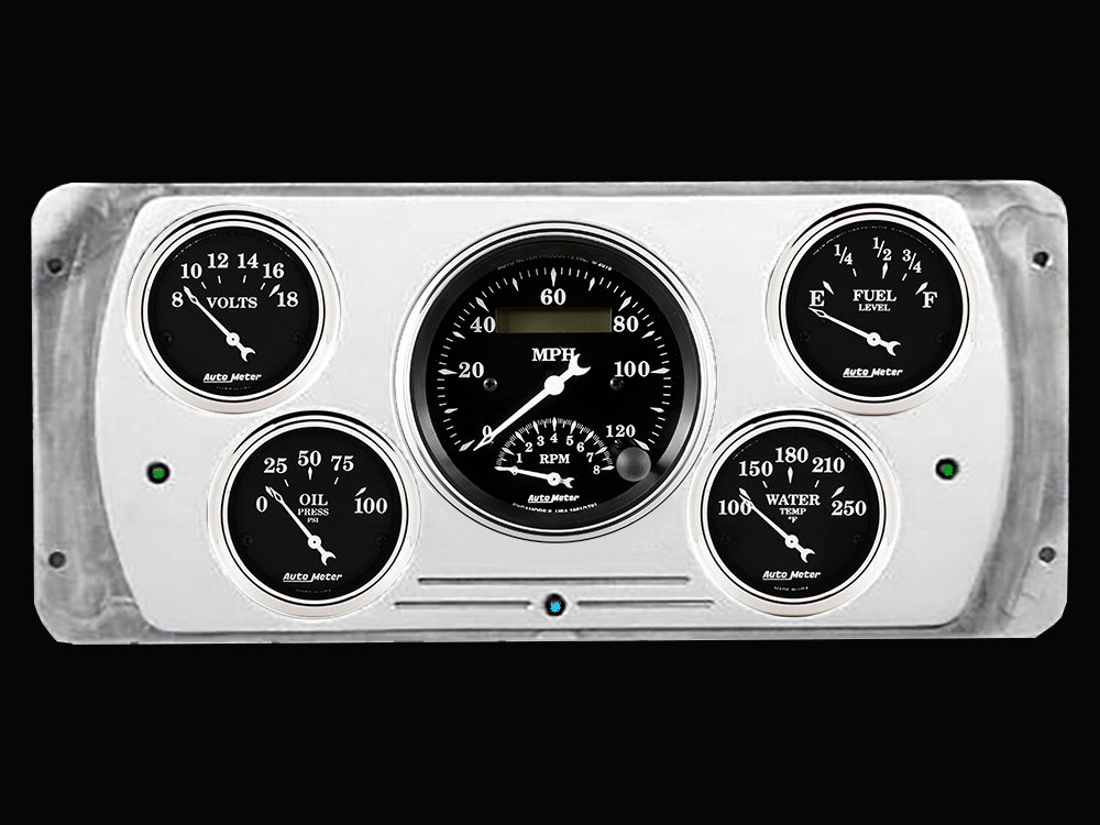 1937 Dodge Car Billet Aluminum Gauge Panel w Auto Meter Street Rod Series Gauges (Speedo/Tach)