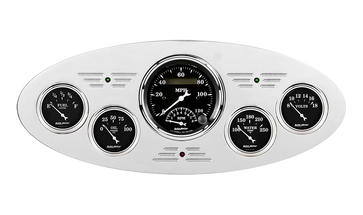 1933-1934 Plymouth Billet Aluminum Gauge Panel w/ Auto Meter Street Rod Series Gauges (Speedo/Tach)